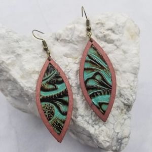 Turquoise Wooden Embossed Leather Dangle Earrings Western Southwestern